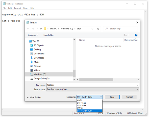 BOM in Notepad screenshot